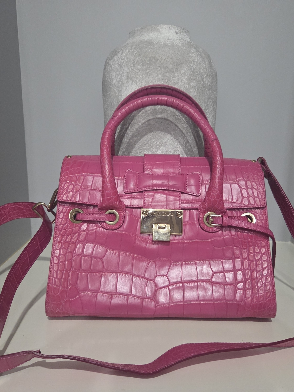 Jimmy Choo Pink Croc-Embossed Leather Top-Handle Bag / COA Included